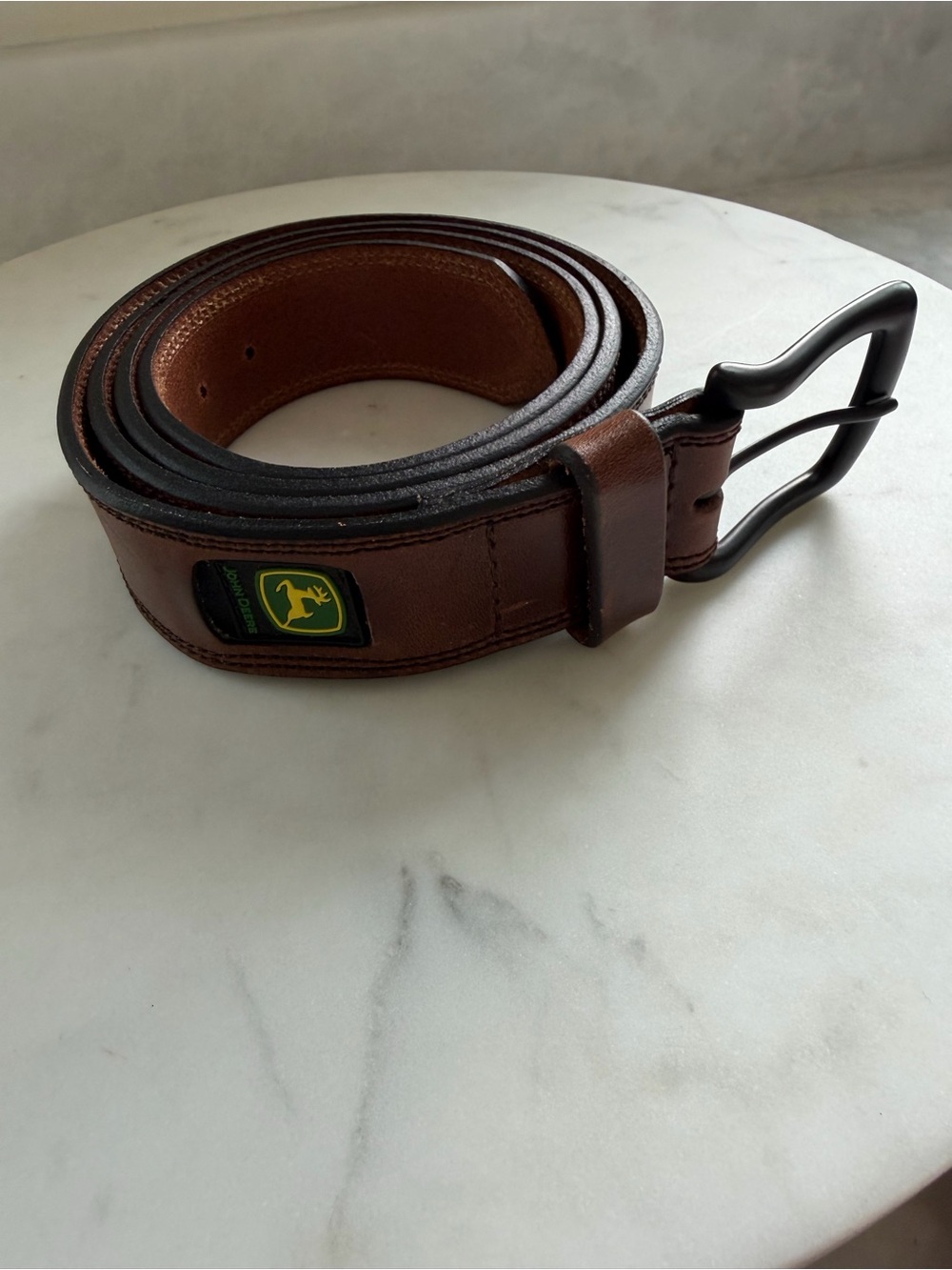 John Deere Brown Leather Belt with Green & Yellow Logo Patch 42/44